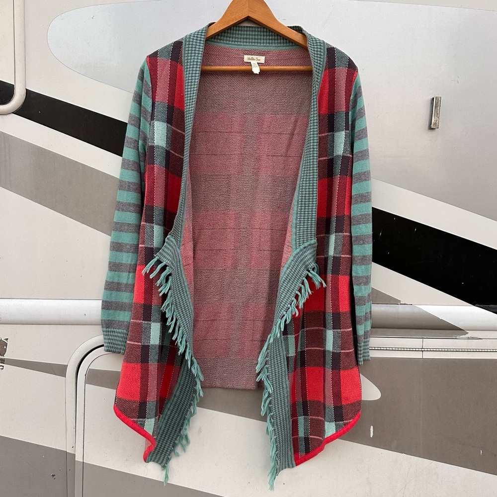 Matilda Jane Steadfast Cardigan Sweater Sz M Plaid Open Front Fringe Cottagecore